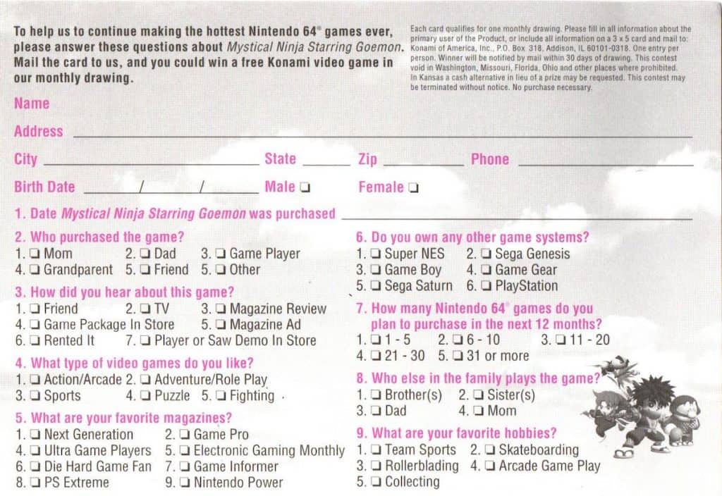 Konami player survey from mystical ninja N64 box