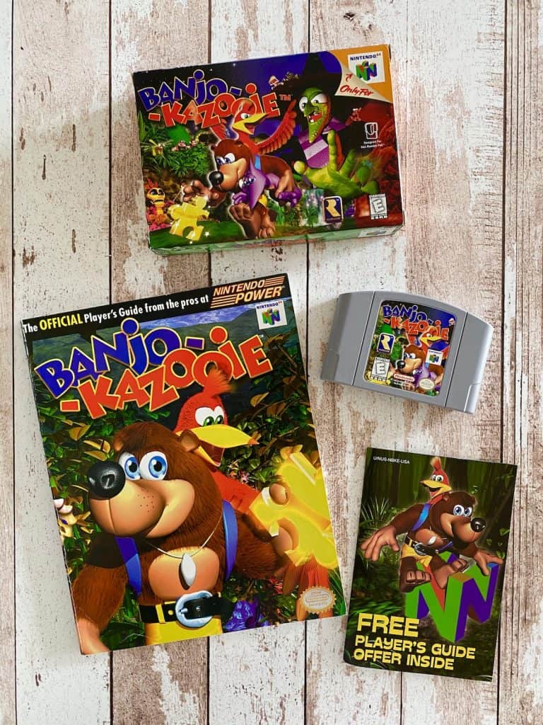 Banjo-Kazooie box, cart, insert, and Nintendo Power player's guide