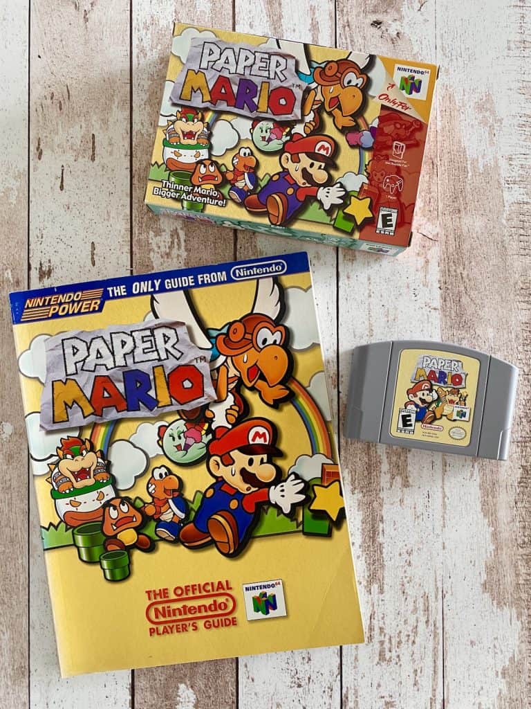 Paper Mario N64 box, cart, and Nintendo Power Player's Guide