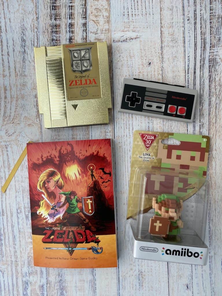 Zelda Hand Drawn Game Guide, NES cart, NES controller, 8-bit Link amiibo