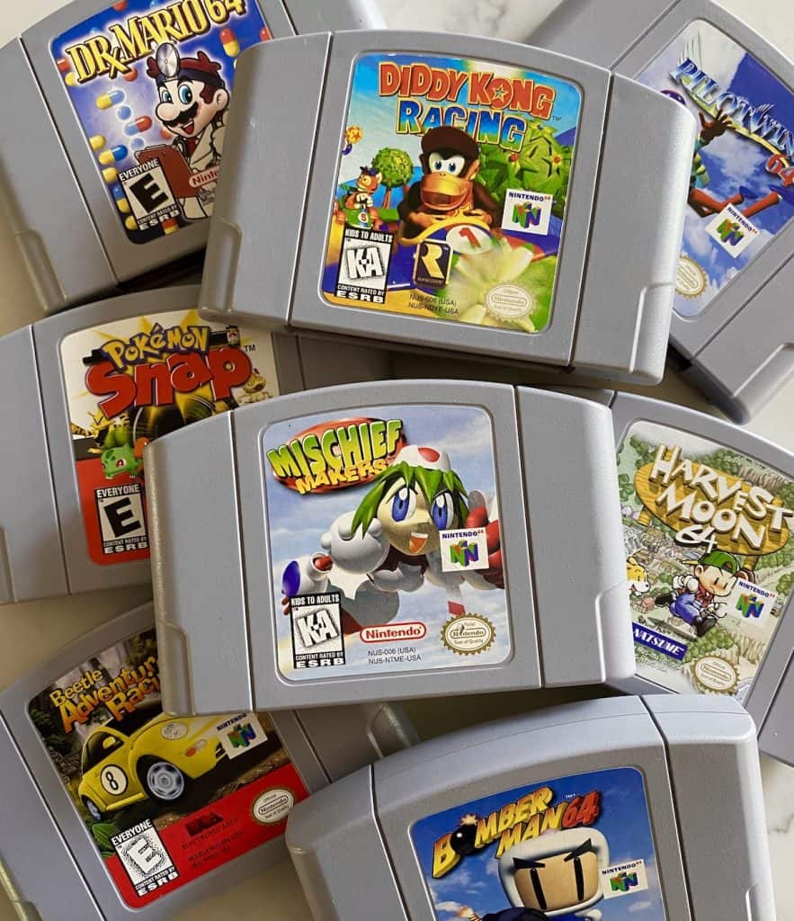 Stack of underrated N64 carts: Diddy Kong Racing, Mischief Makers, Dr. Mario 64, Pokemon Snap, Beetle Adventure Racing, Bomberman 64, Harvest Moon 64, and Pilotwings 64