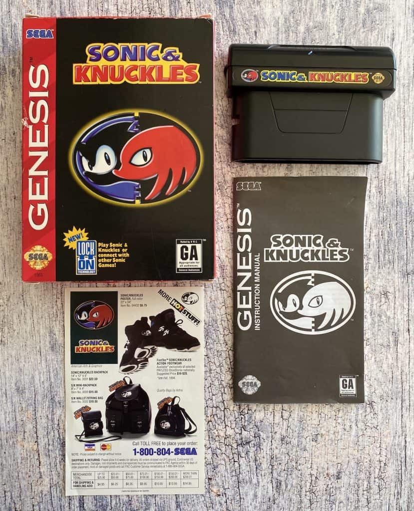 Sonic & Knuckles box, lock on cart, manual, and inserts