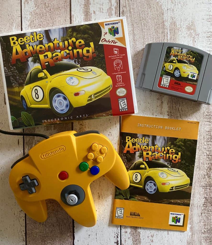 Beetle Adventure Racing N64 box, cart, manual, and yellow N64 controller
