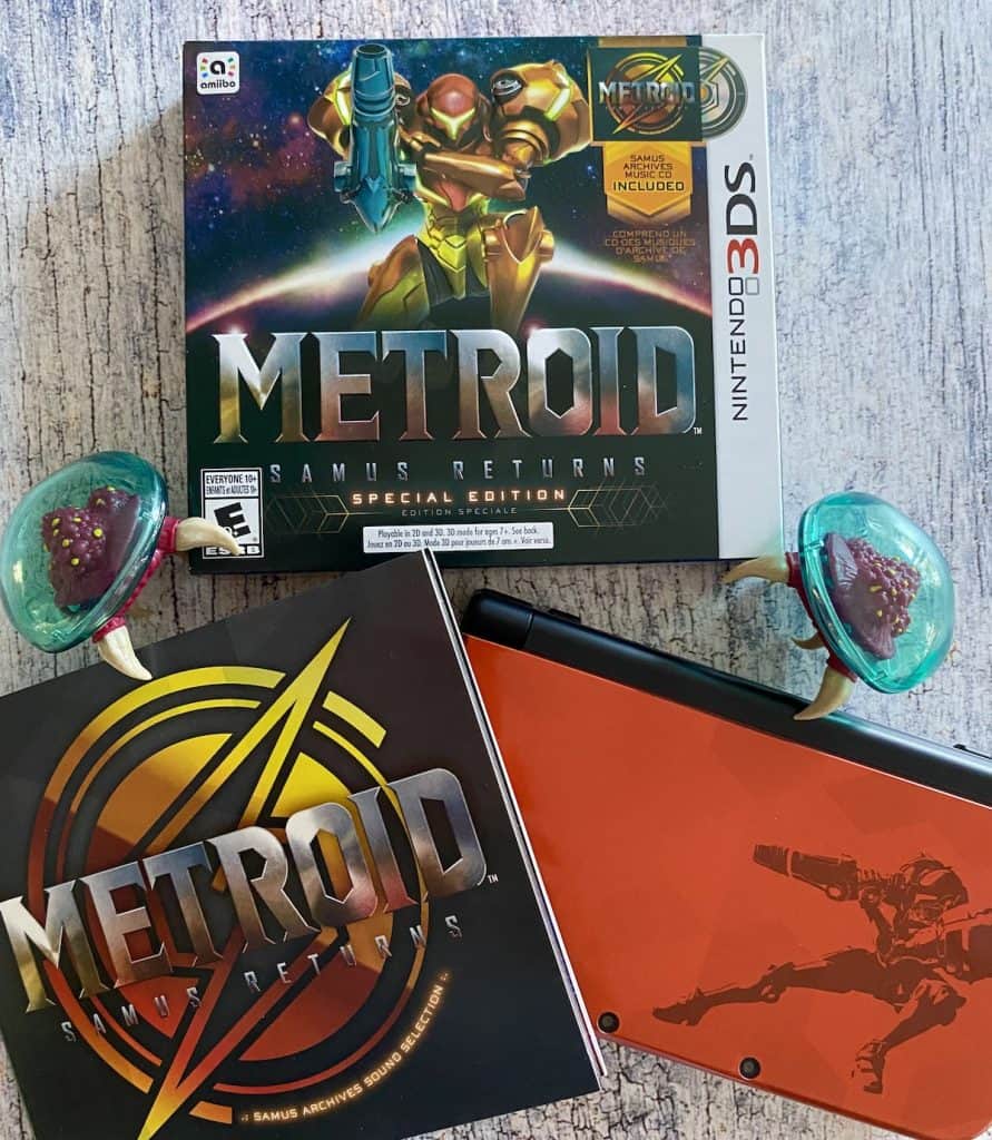 Metroid Samus Returns Special Edition box and soundtrack with Samus New 3DS XL and Metroid figure