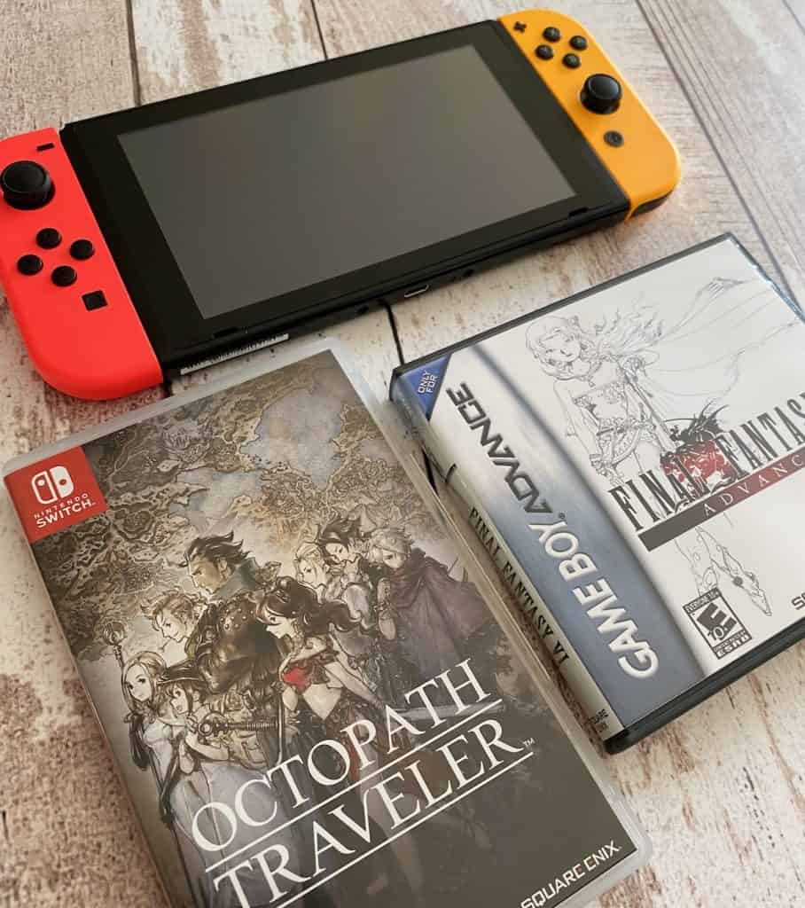 Octopath Traveler case for Switch with Final Fantasy VI Advance and Nintendo Switch system with orange and pink joy cons