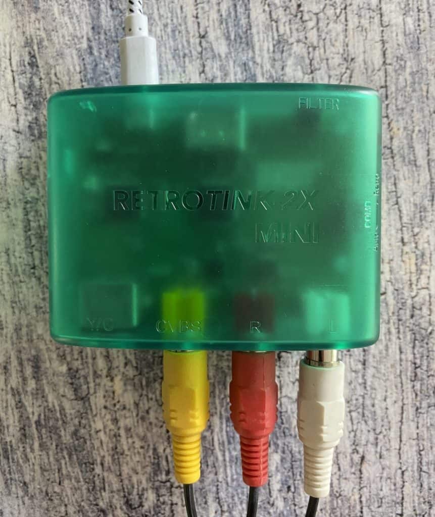 RetroTINK 2X Mini with composite cables inserted and power source connected