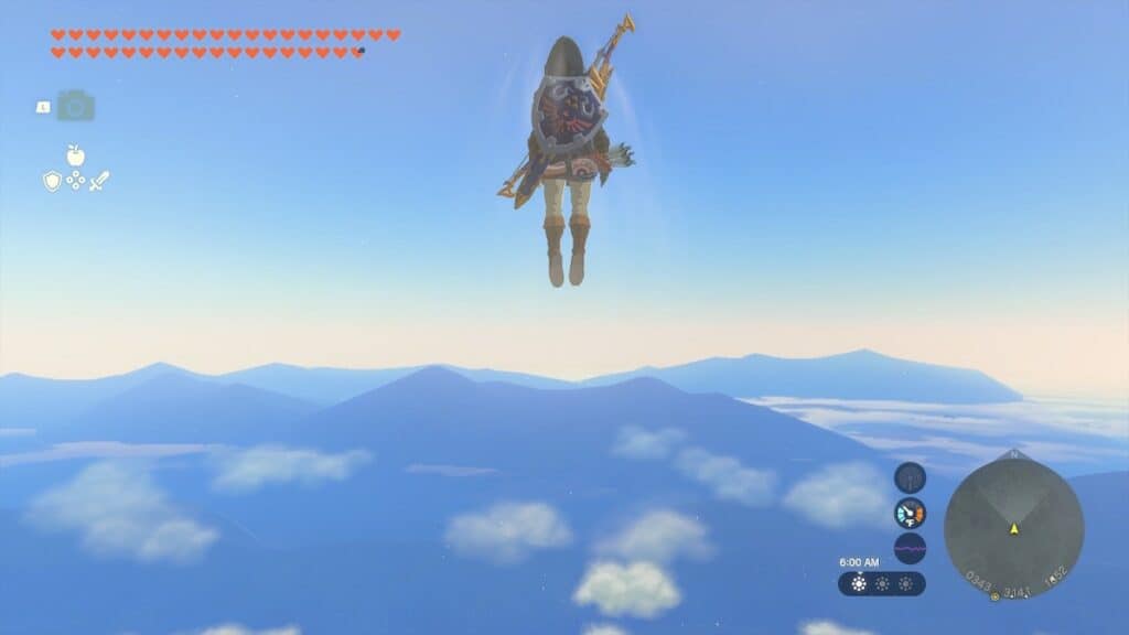Screenshot of Link launching from a Skyview tower from Zelda: Tears of the Kingdom.