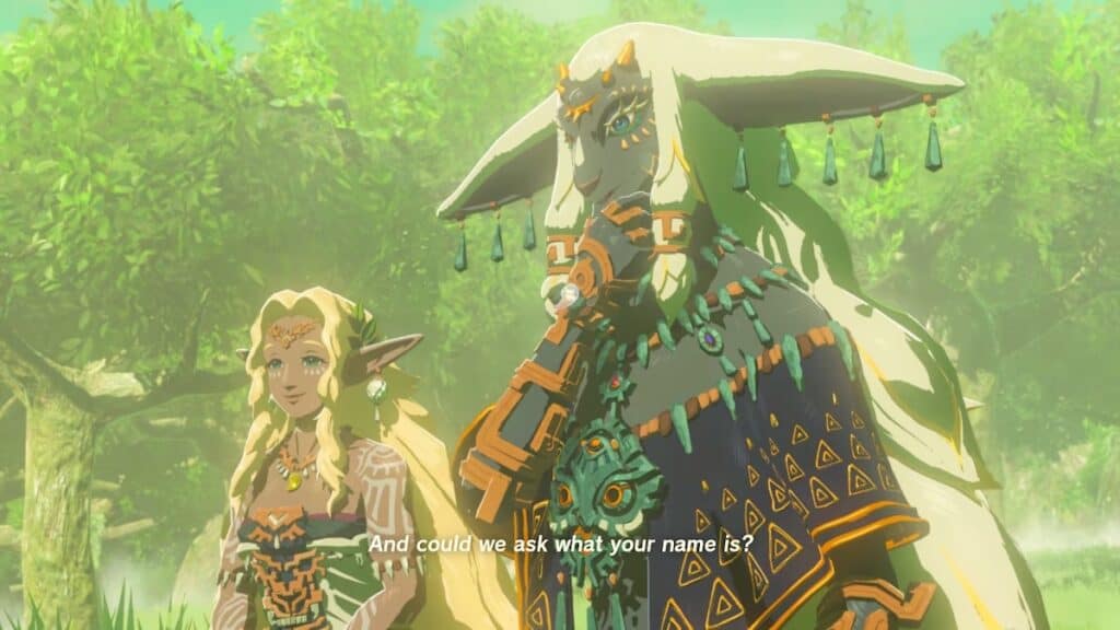Screenshot of Sonia and Rauru from Zelda: Tears of the Kingdom