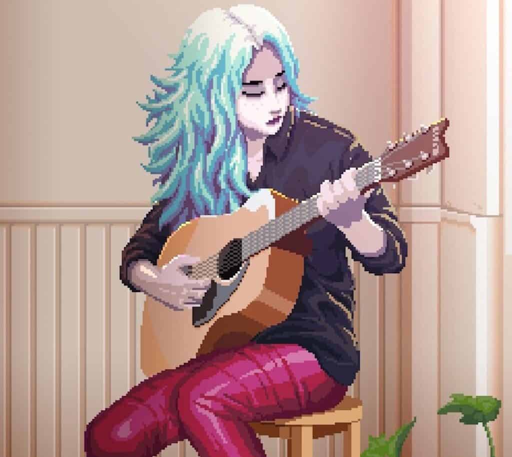 Riona from Coffee Talk Episode II playing guitar