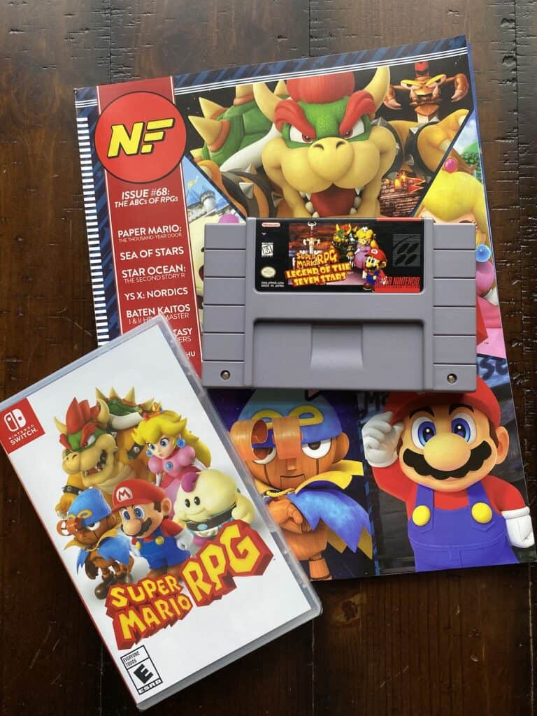 Super Mario RPG for Switch, SNES cart, and Nintendo Force cover